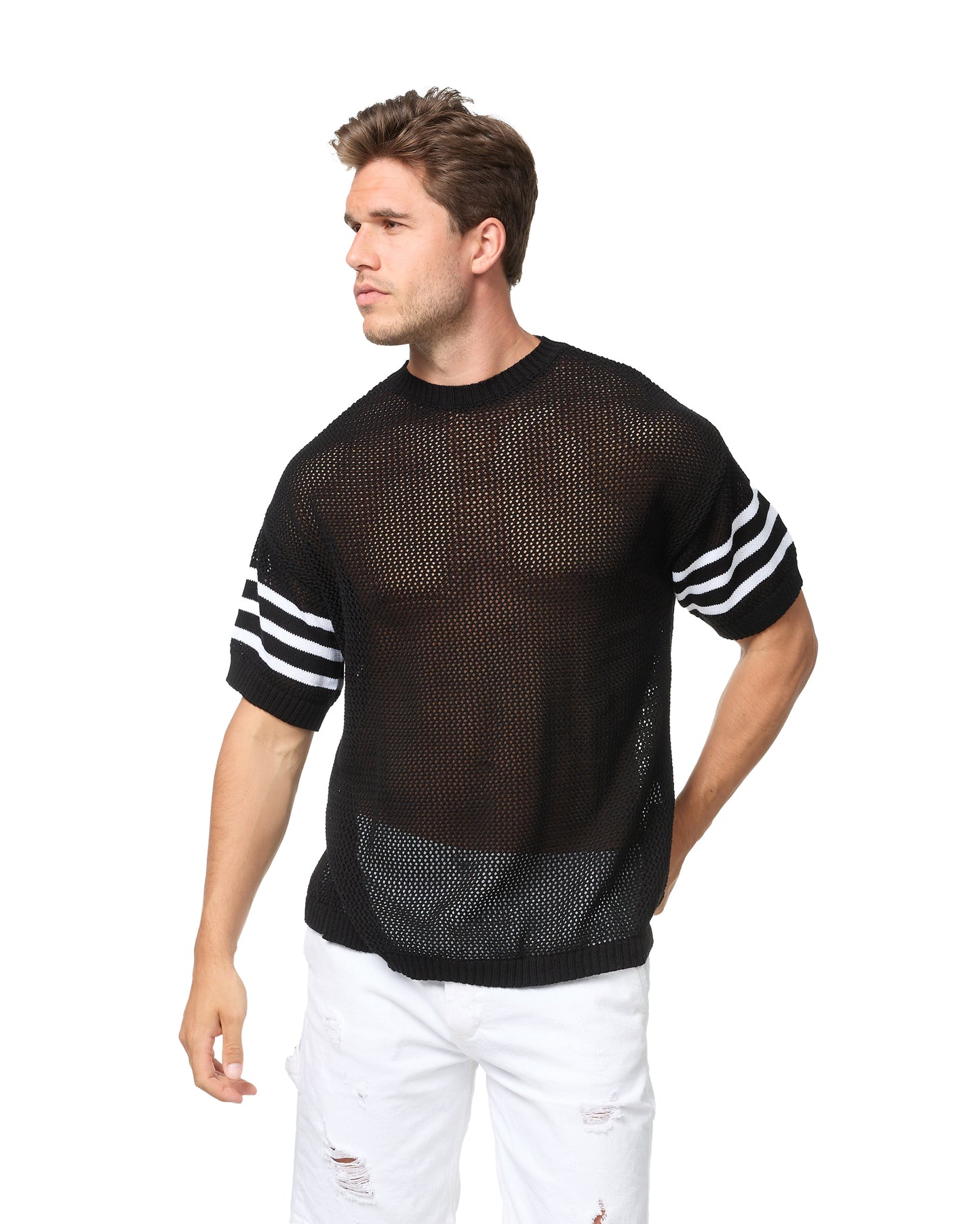 Herren T-Shirt, Oversize Fit, Netz Strick Style "COUTURE 24", Modell 23Y-066, Weiß oder Schwarz