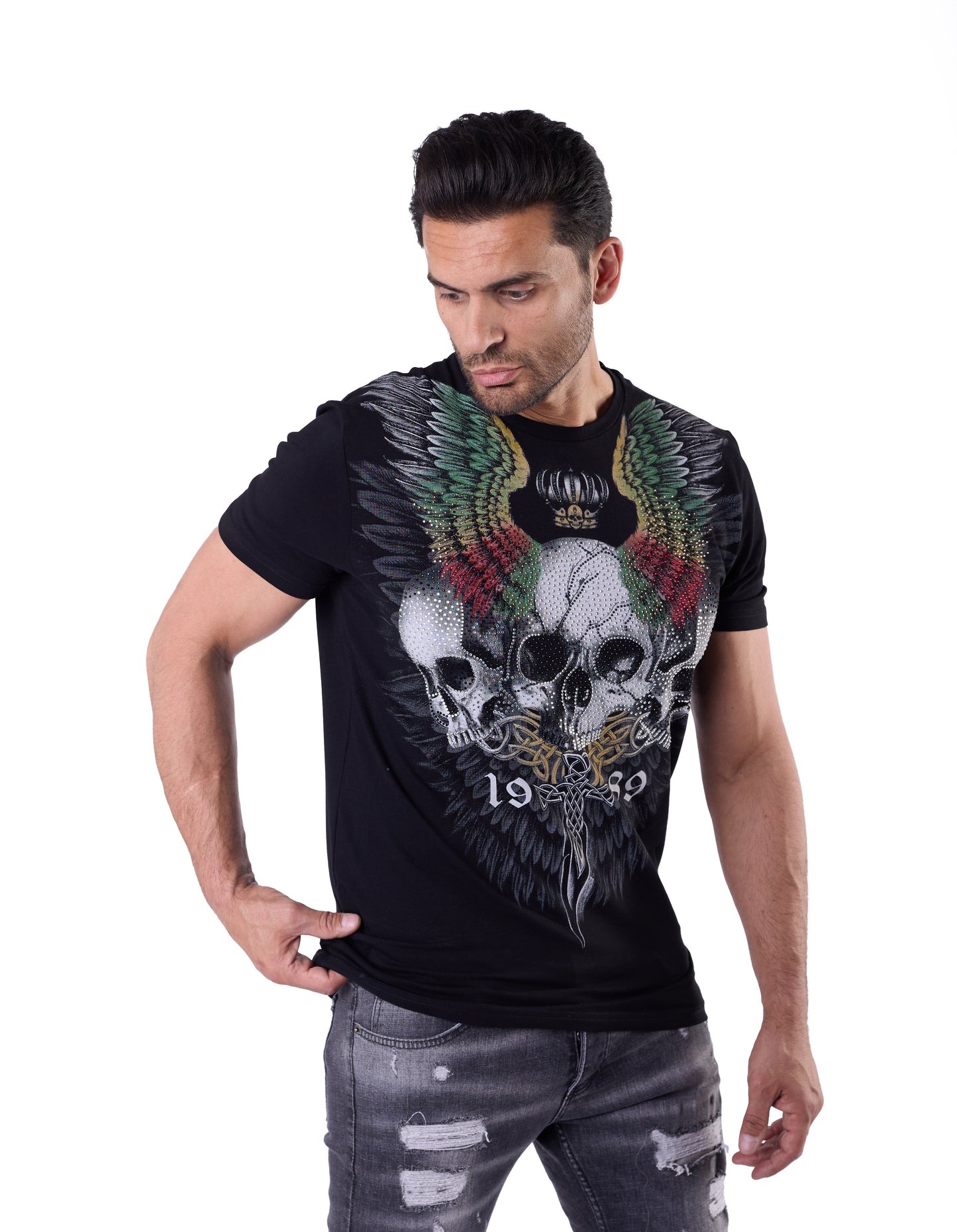 Herren Totenkopf T-Shirt DENIM DISRIQT, Slim Fit, Modell T133, Schwarz