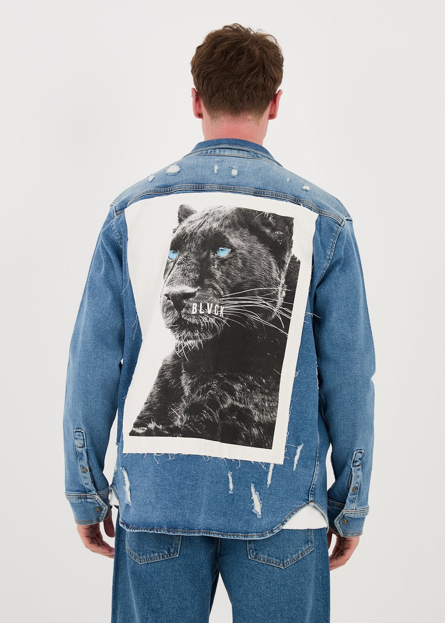 Men's denim shirt jacket, regular fit, Black Panther motif back print,