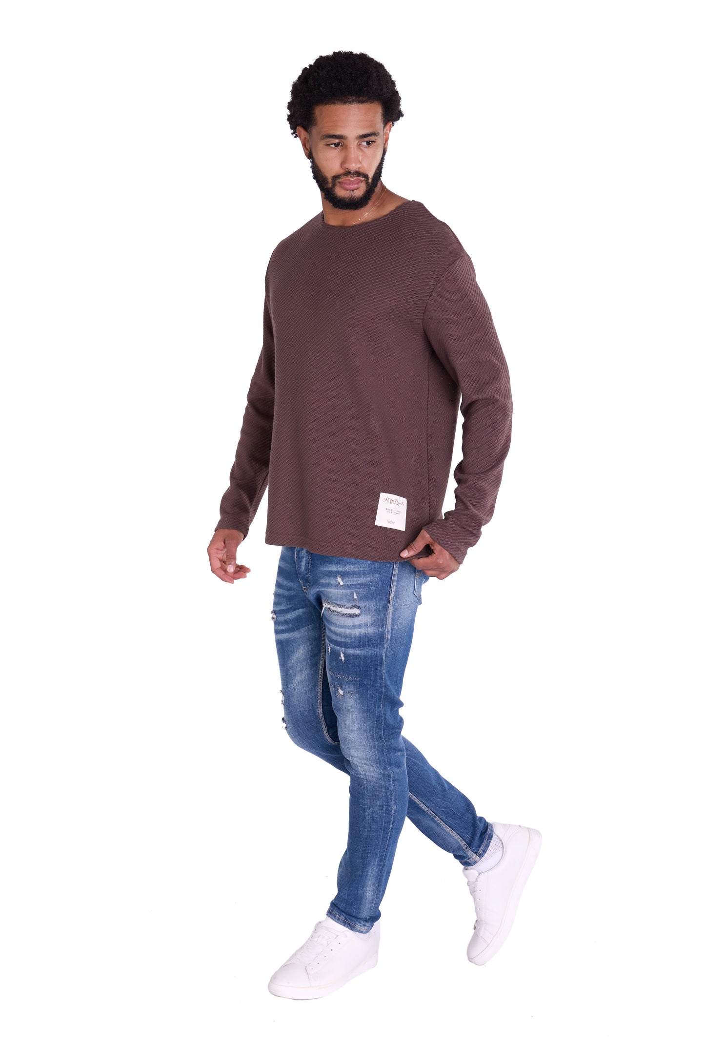 Feinstrick Longsleeve, Loose Fit mit ausgefranstem Kragen Modell DQ KB401, Blau, Braun, Grau oder Grün