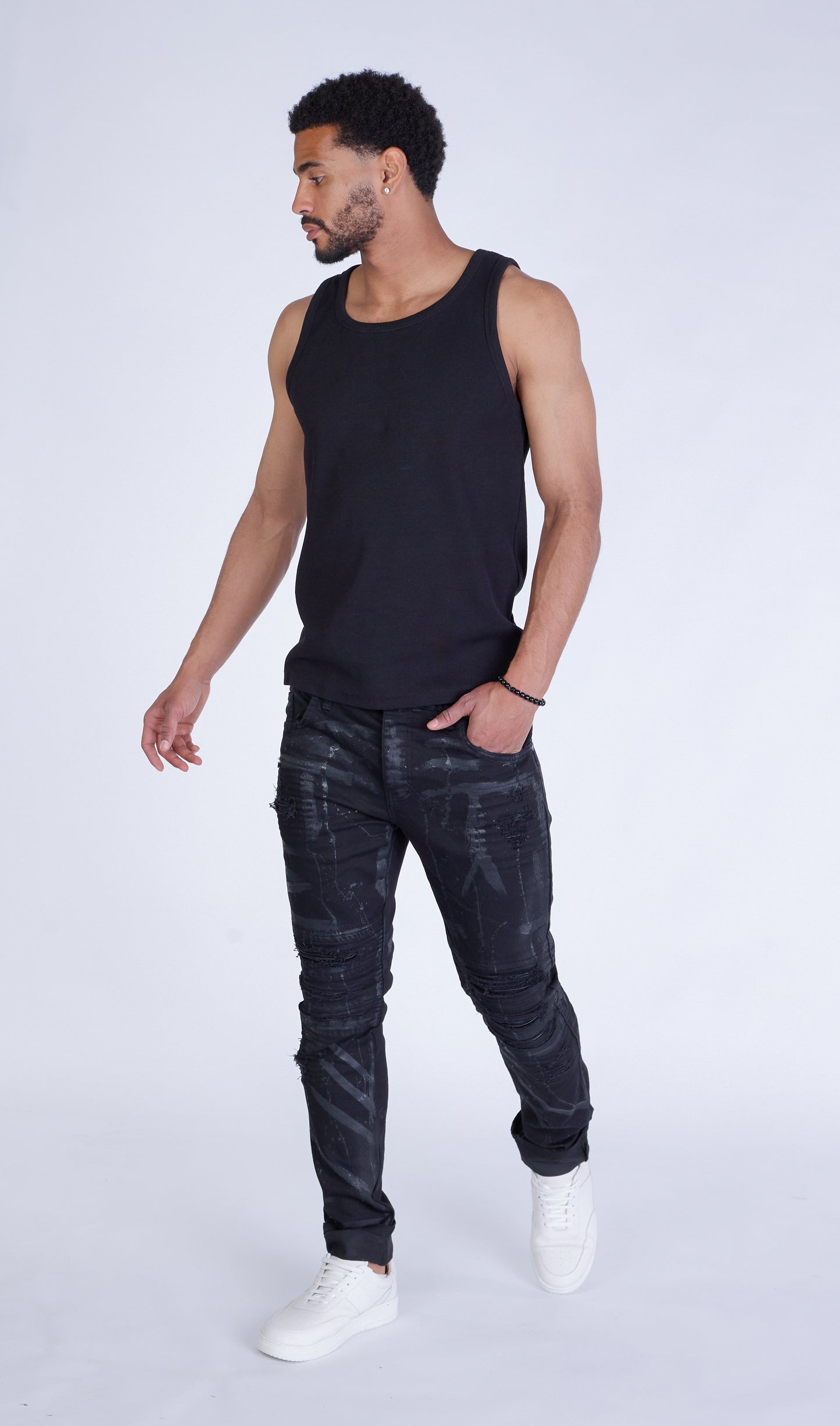 KINGZ men's designer biker jeans, slim fit, model 1505, black/black