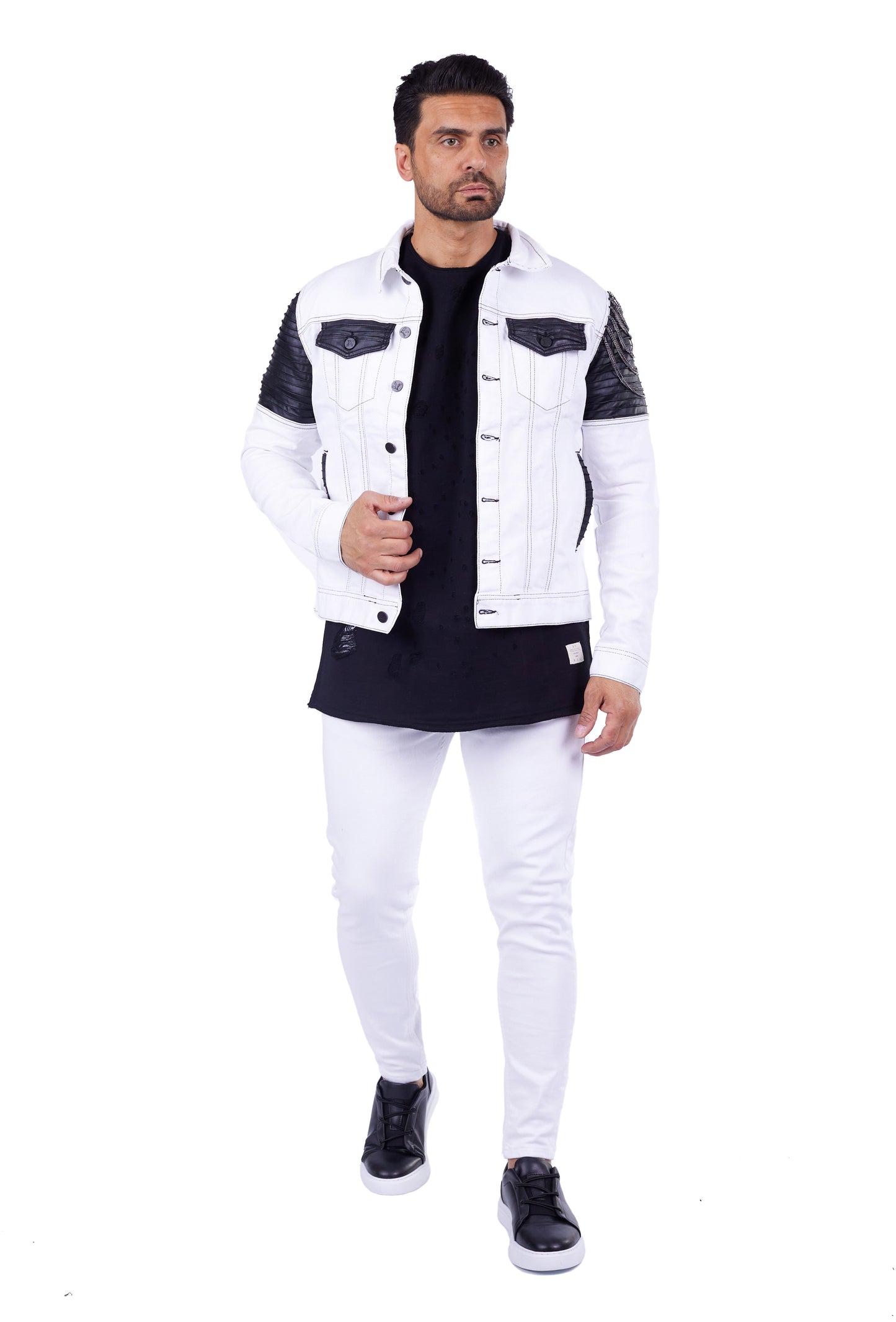 KINGZ Herren Biker Jeans Jacke, Totenkopf Motiv, Slim Fit, Modell 1593, Weiß