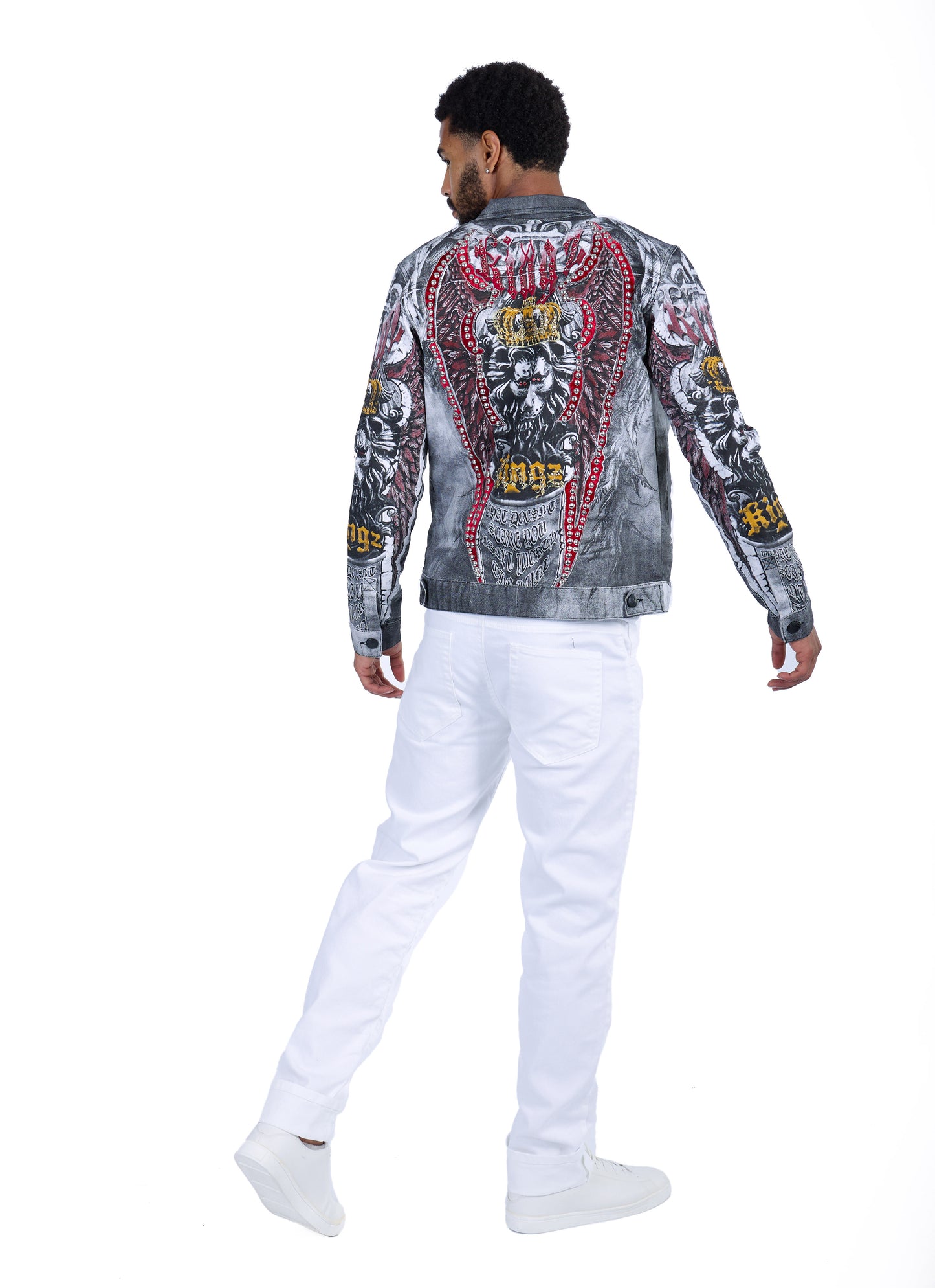 KINGZ men's designer denim jacket, slim fit, model 1648-2, white/black