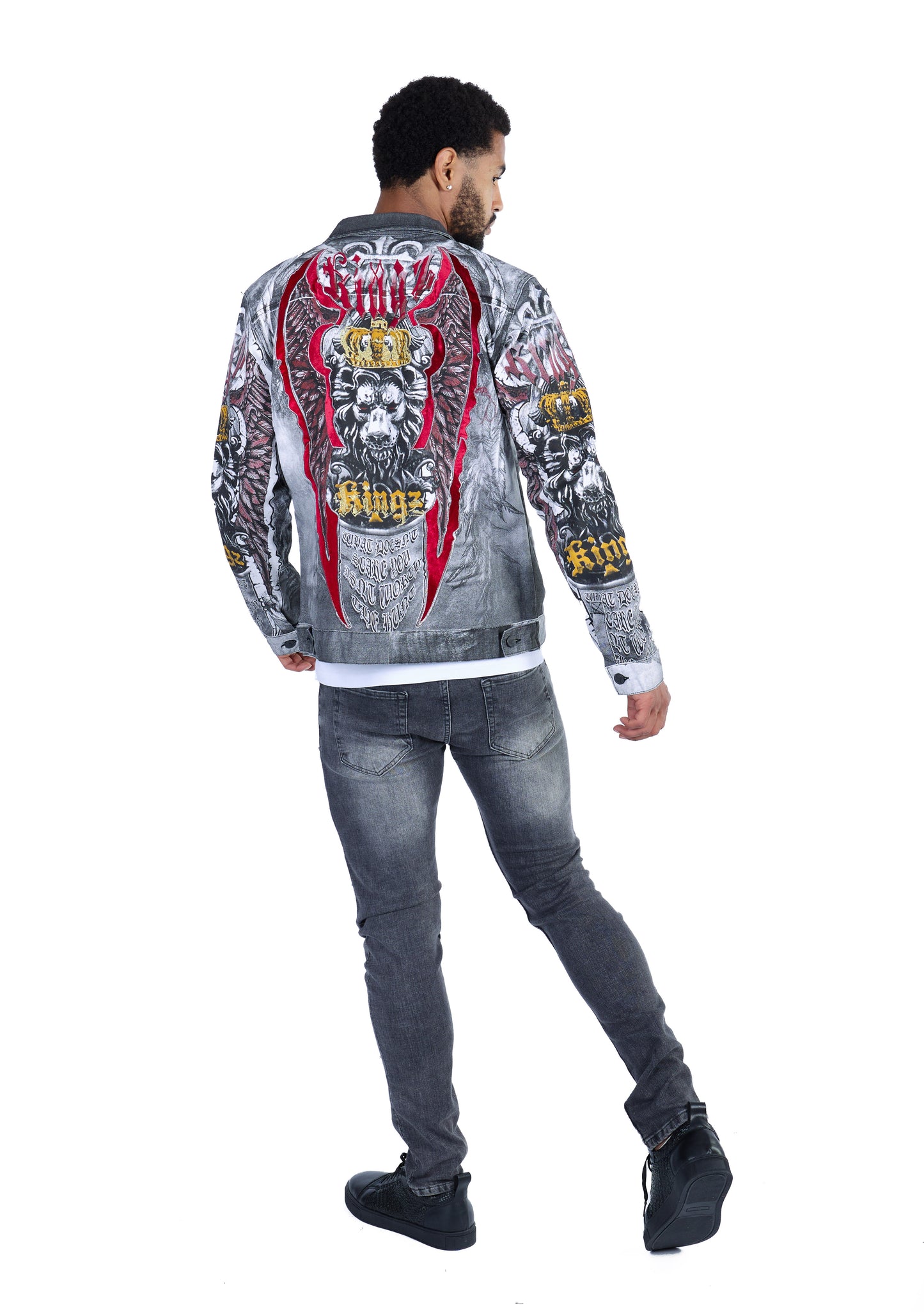 KINGZ men's designer denim jacket, slim fit, model 1648-2, white/black