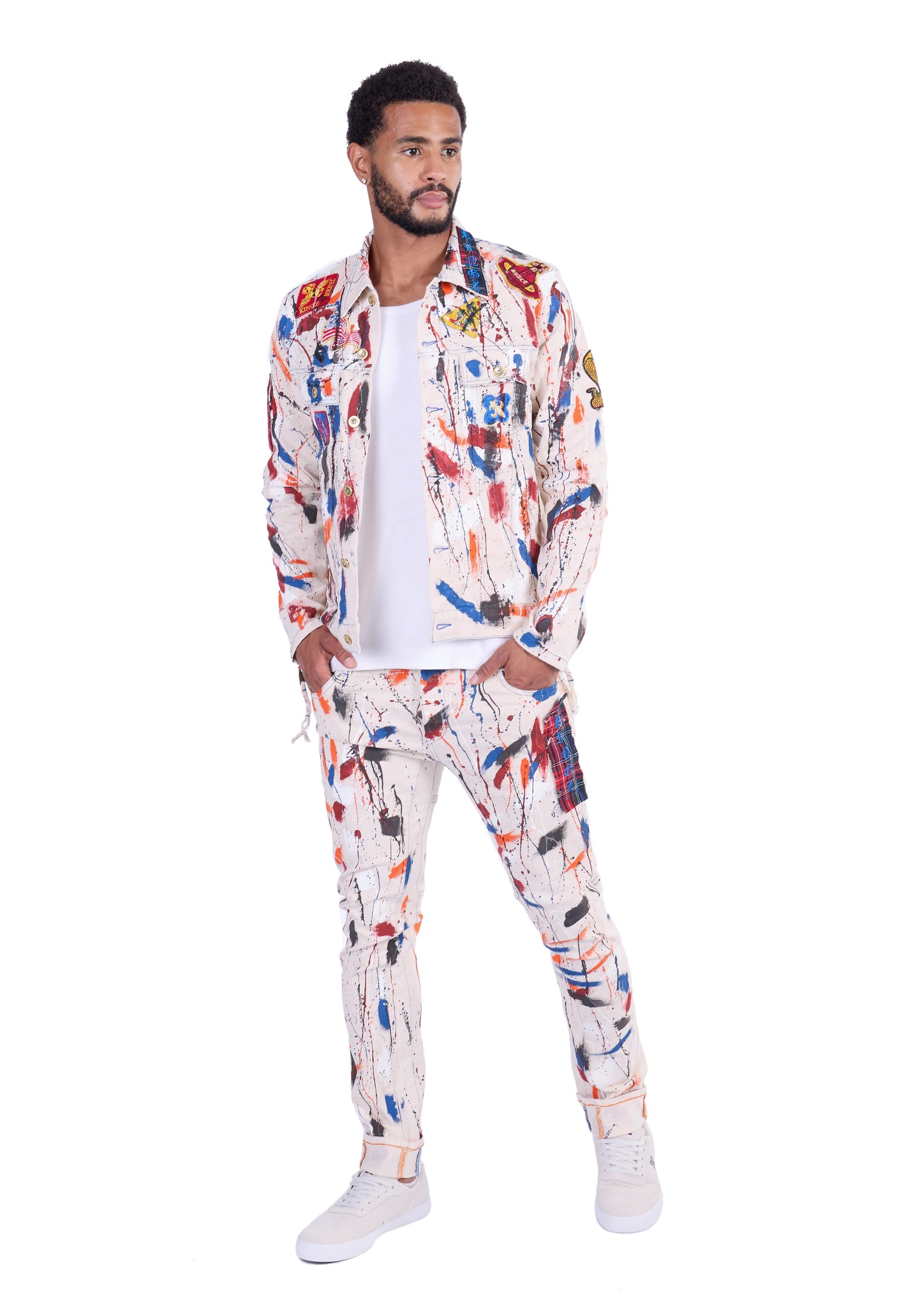 KINGZ men's designer denim jacket, slim fit, model 1648-2, white/black