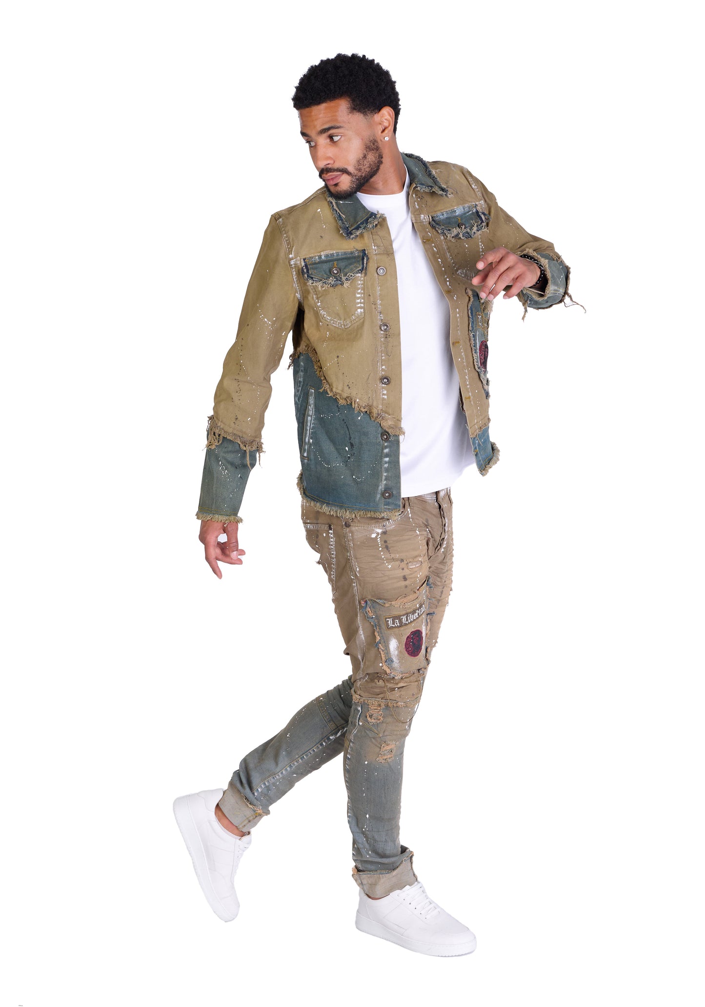 KINGZ Herren Designer Jeans, Slim Fit, Modell 1605, Blau/Grün