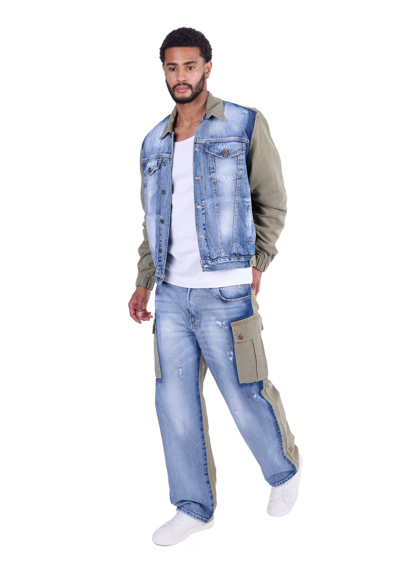 KINGZ Herren Biker Jeans Jacke, Totenkopf Motiv, Slim Fit, Modell 1801, Blau