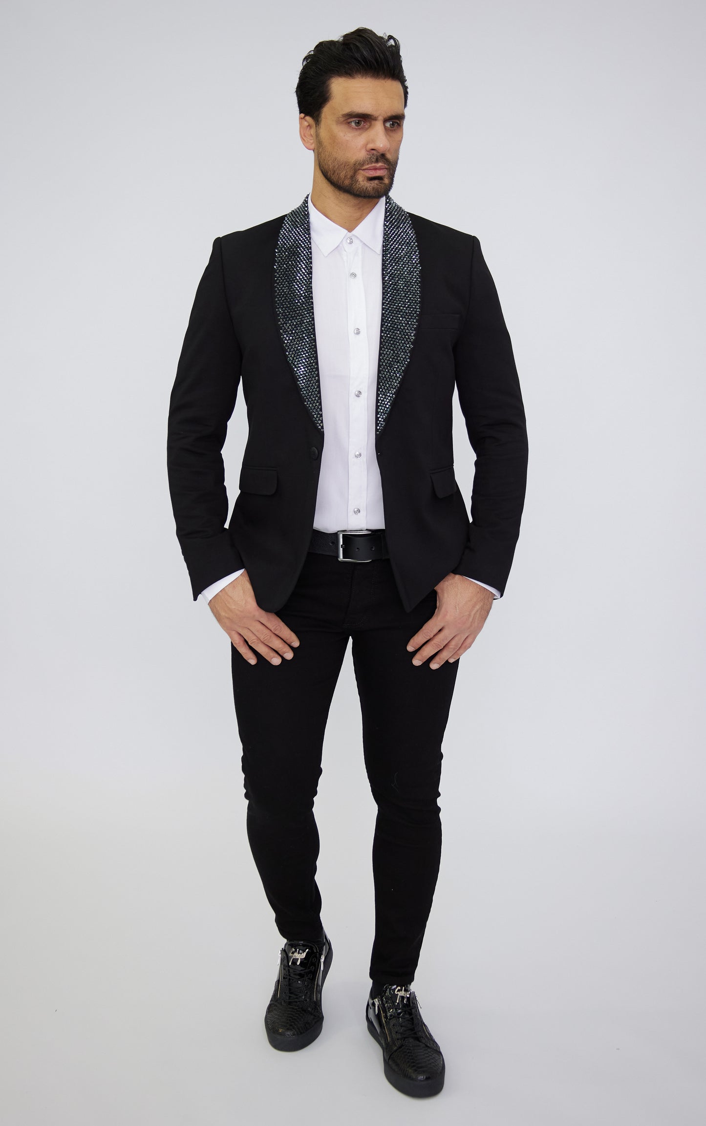 DENIM DISTRIQT Herren Sakko, Jersey Blazer, Strass Schalkragen, Modell DQT1, Schwarz