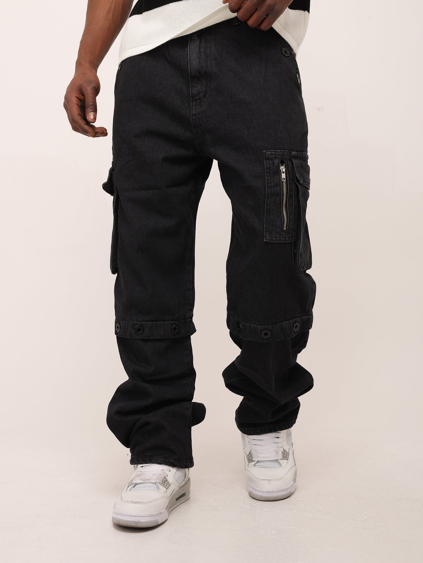 Herren Baggy Cargo Jeans Denim Schwarz mit Nieten