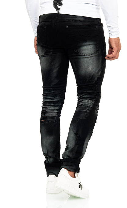 KINGZ Herren Biker Jeans, Slim Fit, Modell 1541-1, Schwarz