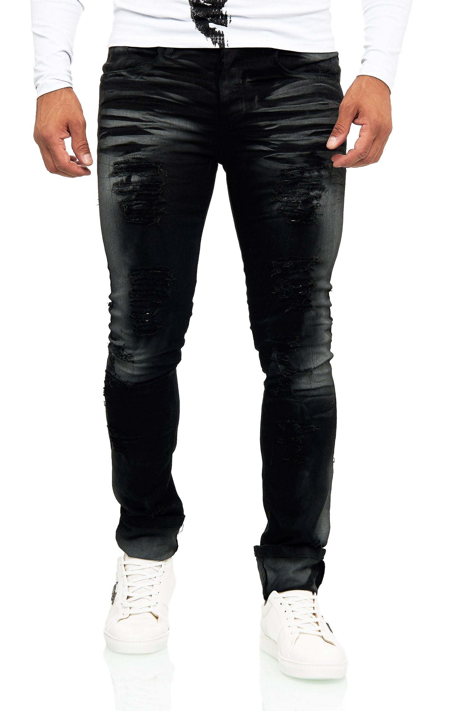 Kingz Designer Jeans slim fit schwarz destroyed look