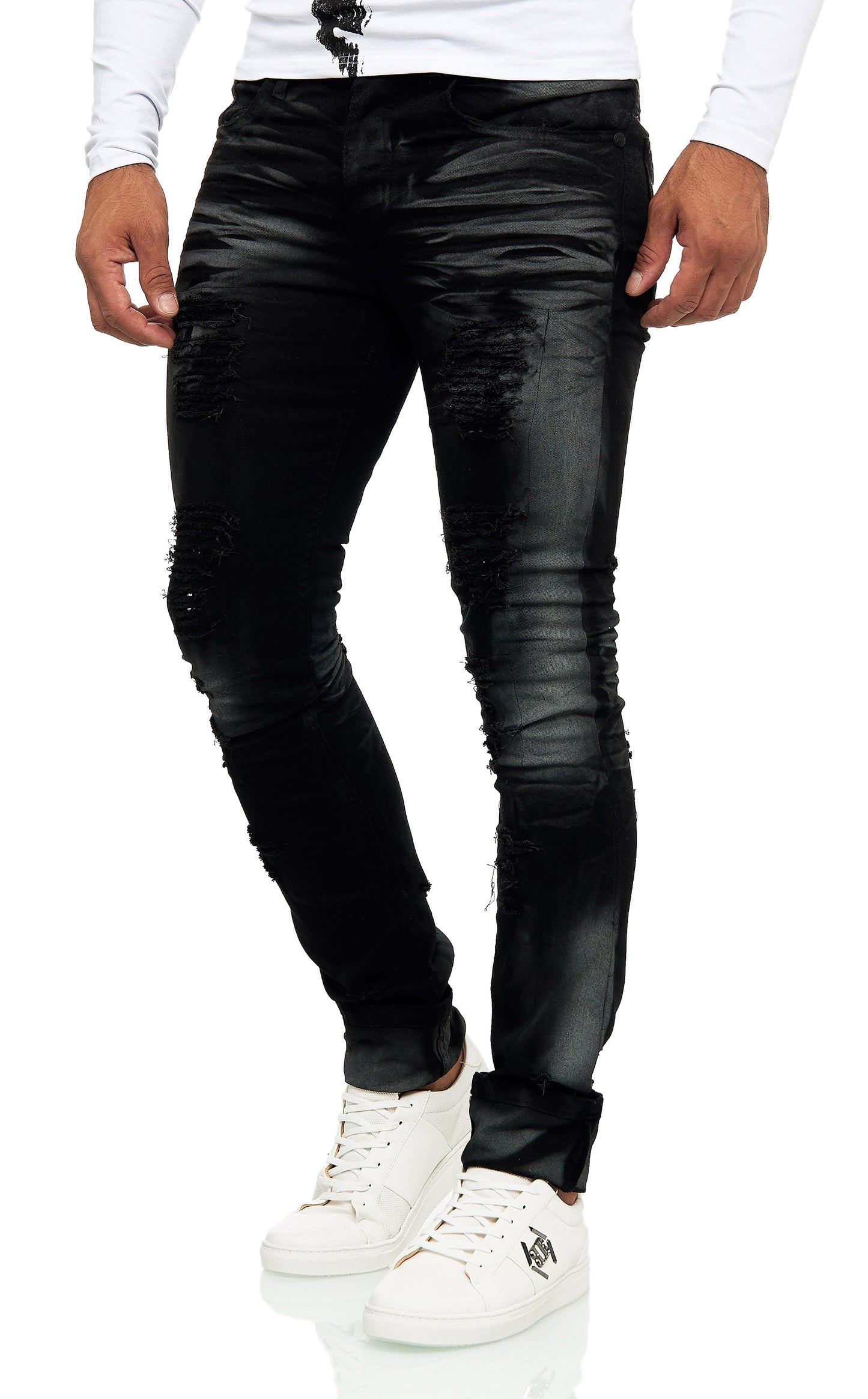 KINGZ Herren Biker Jeans, Slim Fit, Modell 1541-1, Schwarz