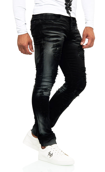 KINGZ Herren Biker Jeans, Slim Fit, Modell 1541-1, Schwarz