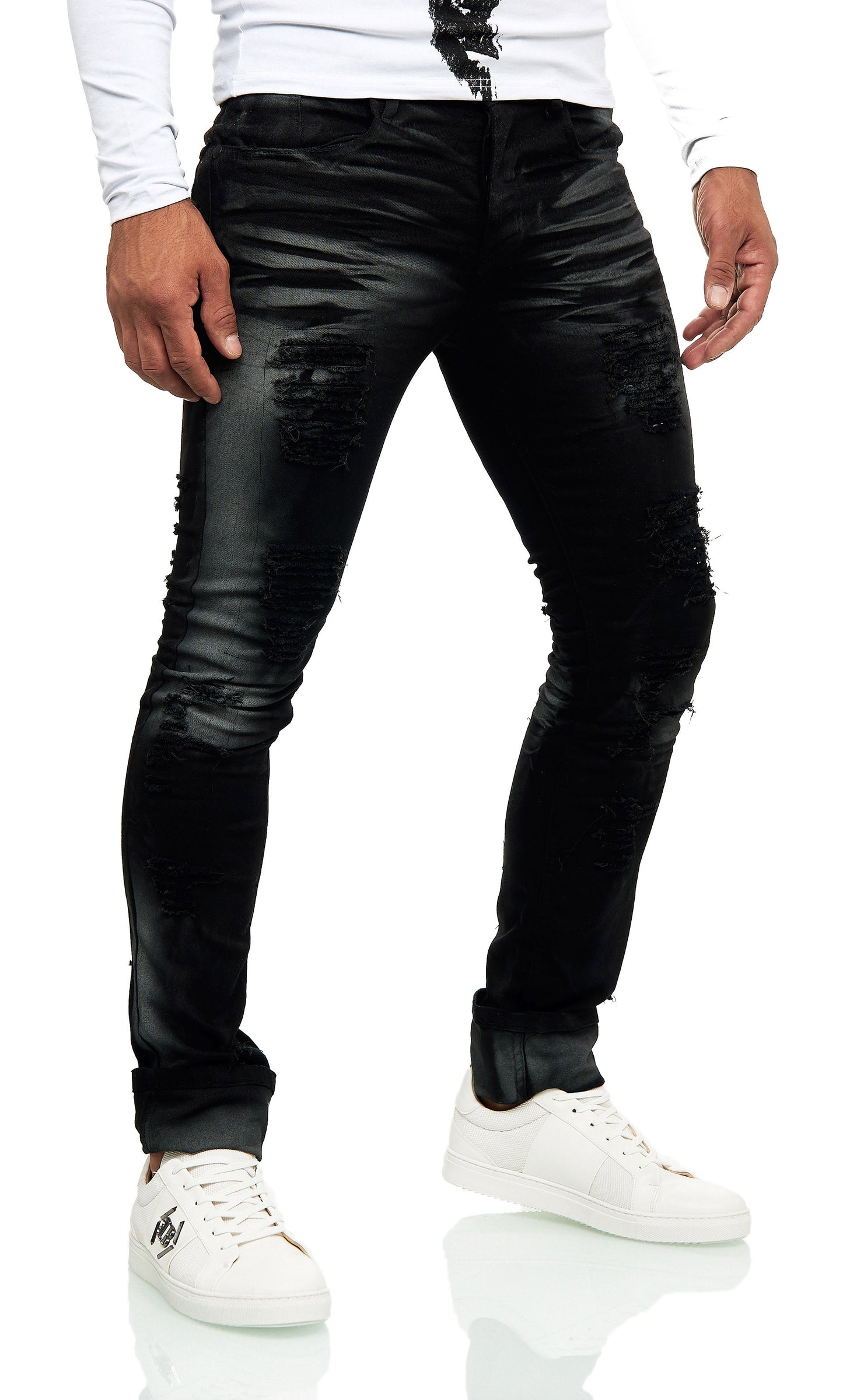 KINGZ Herren Biker Jeans, Slim Fit, Modell 1541-1, Schwarz