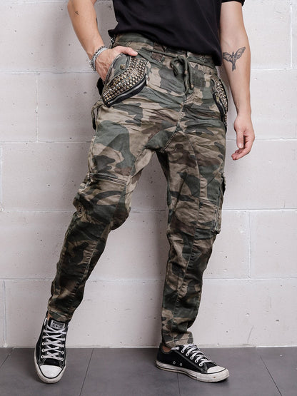 KINGZ Herren Biker Jeans, Jogger Fit, Modell 1667, Army