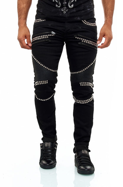 KINGZ Herren Designer Nieten Biker Jeans, Slim Fit, Modell  1683-1 Black