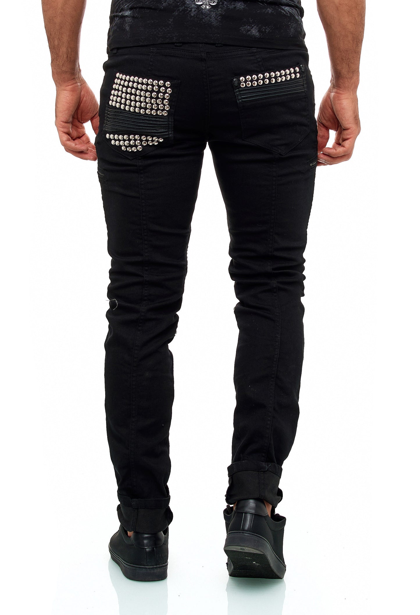 KINGZ Herren Designer Nieten Biker Jeans, Slim Fit, Modell  1683-1 Black