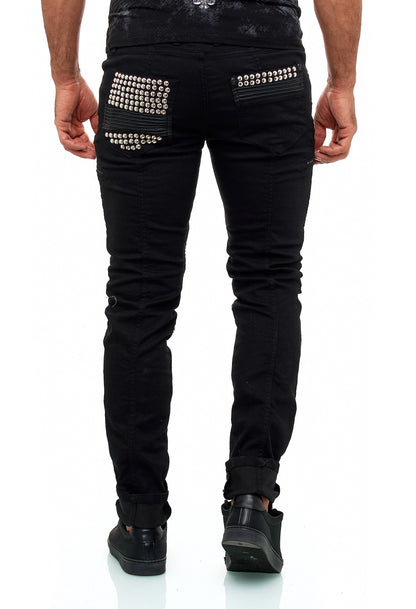 KINGZ Herren Designer Nieten Biker Jeans, Slim Fit, Modell  1683-1 Black