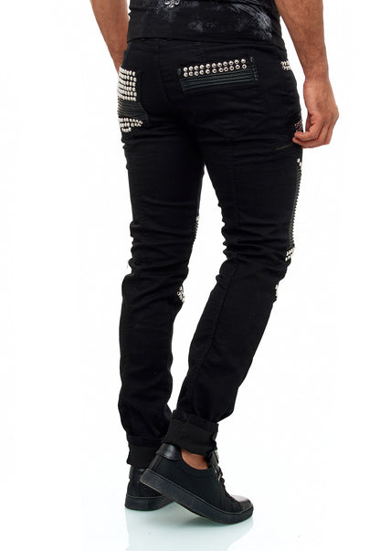 KINGZ Herren Designer Nieten Biker Jeans, Slim Fit, Modell  1683-1 Black