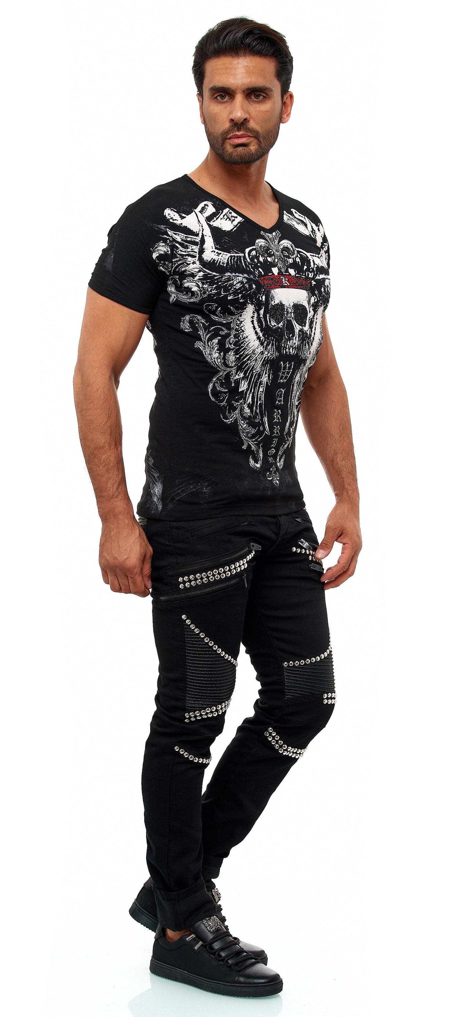 KINGZ Herren Designer Nieten Biker Jeans, Slim Fit, Modell  1683-1 Black