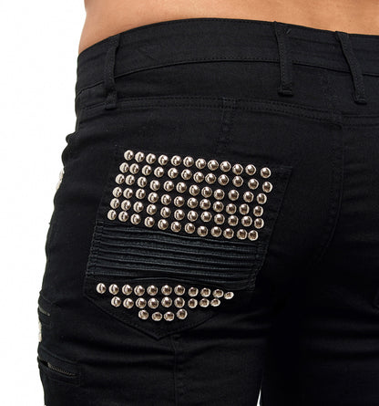 KINGZ Herren Designer Nieten Biker Jeans, Slim Fit, Modell  1683-1 Black