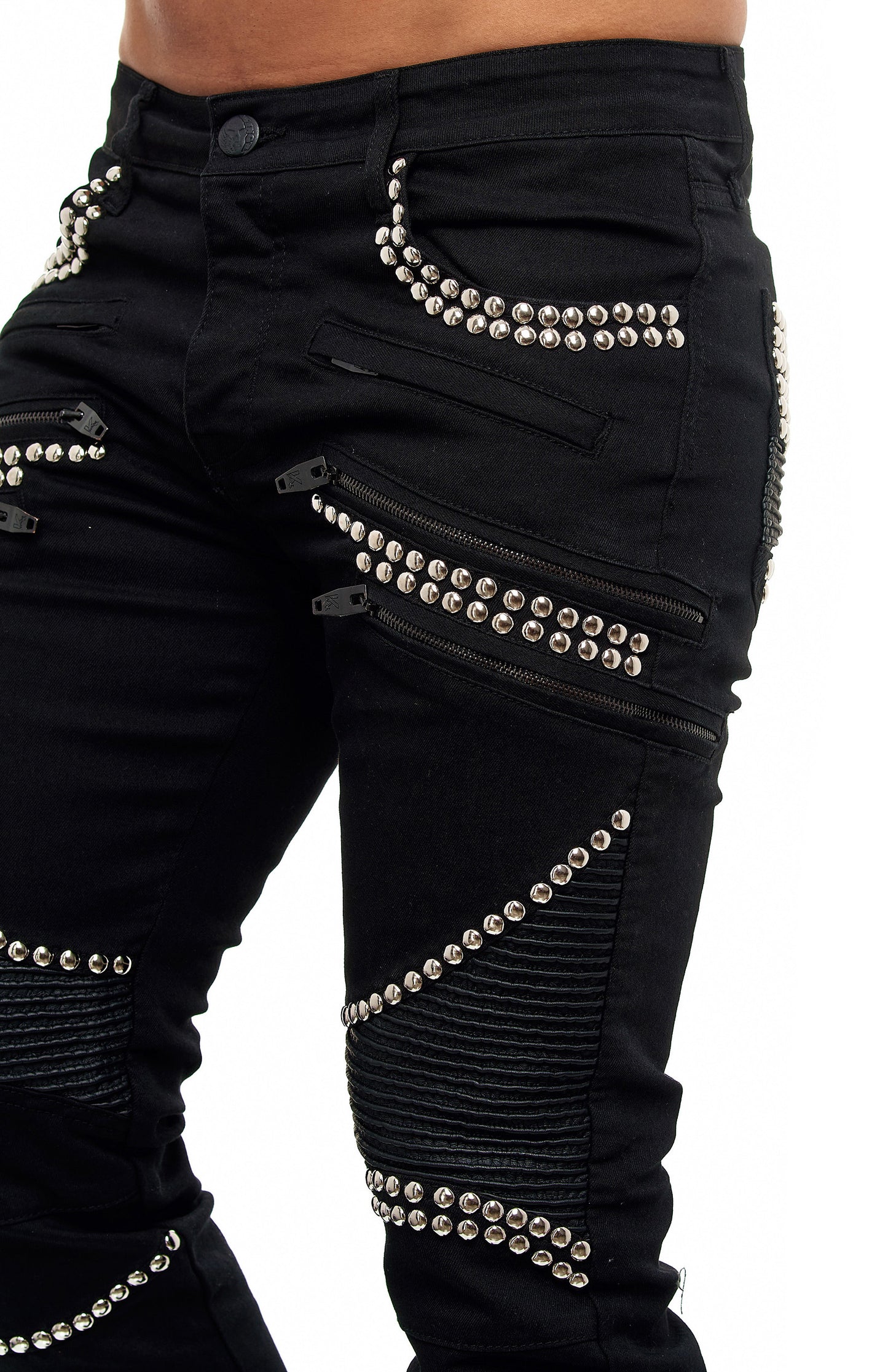 KINGZ Herren Designer Nieten Biker Jeans, Slim Fit, Modell  1683-1 Black