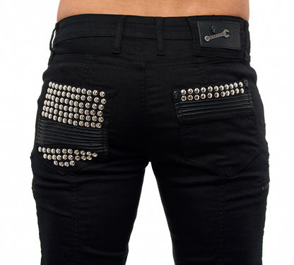 KINGZ Herren Designer Nieten Biker Jeans, Slim Fit, Modell  1683-1 Black