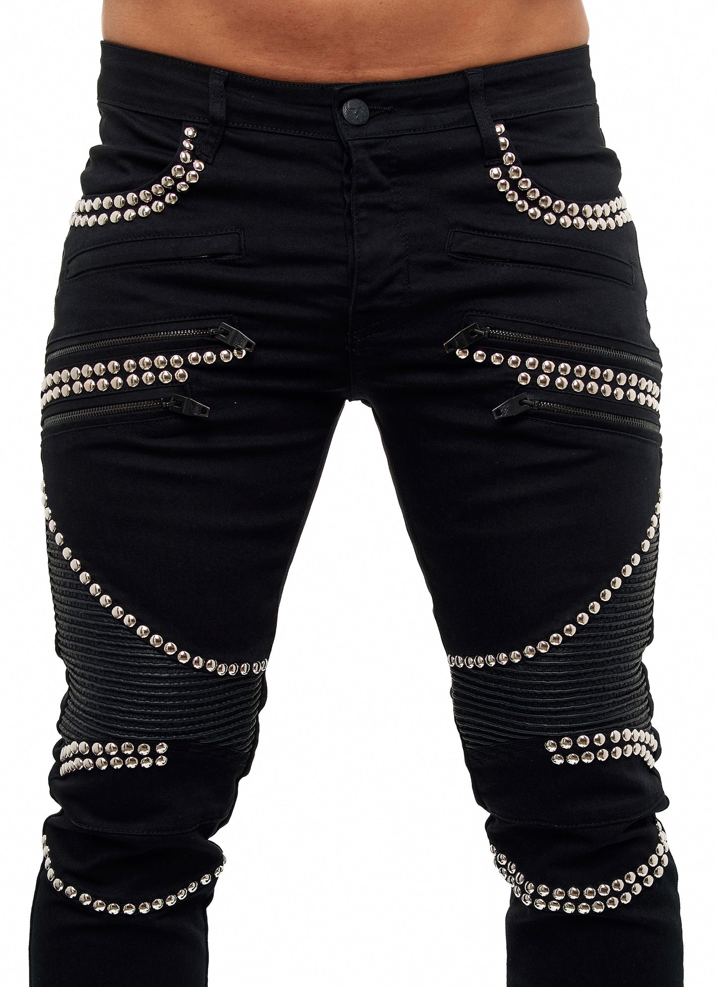 KINGZ Herren Designer Nieten Biker Jeans, Slim Fit, Modell  1683-1 Black