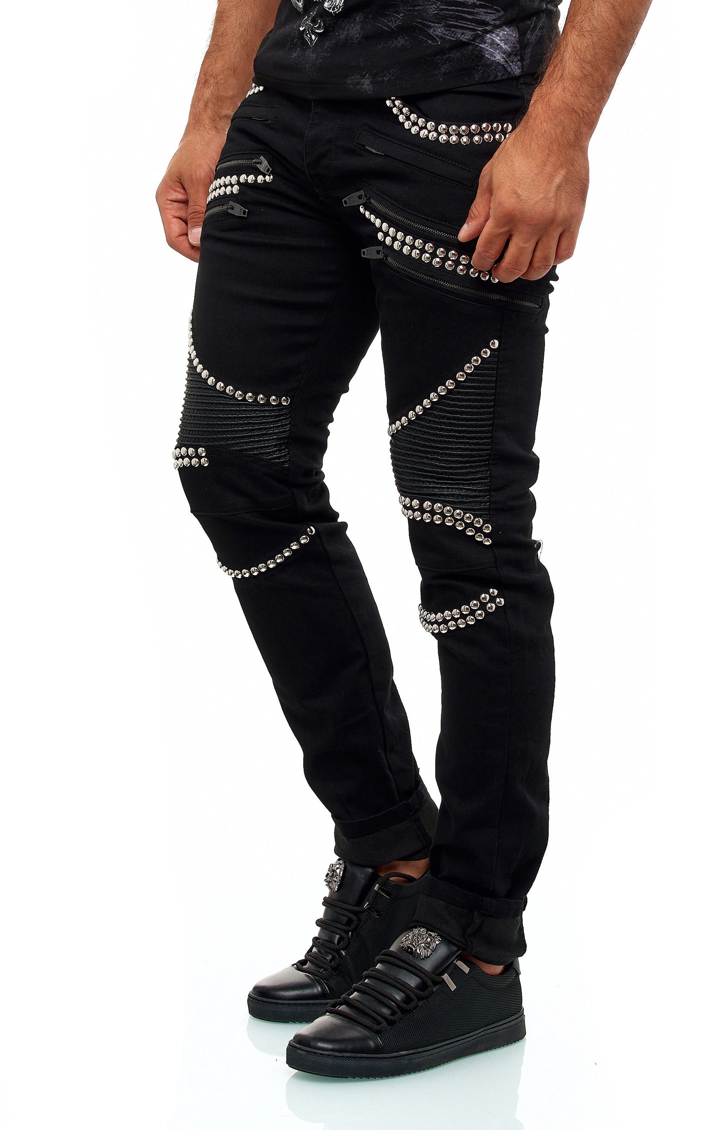 KINGZ Herren Designer Nieten Biker Jeans, Slim Fit, Modell  1683-1 Black