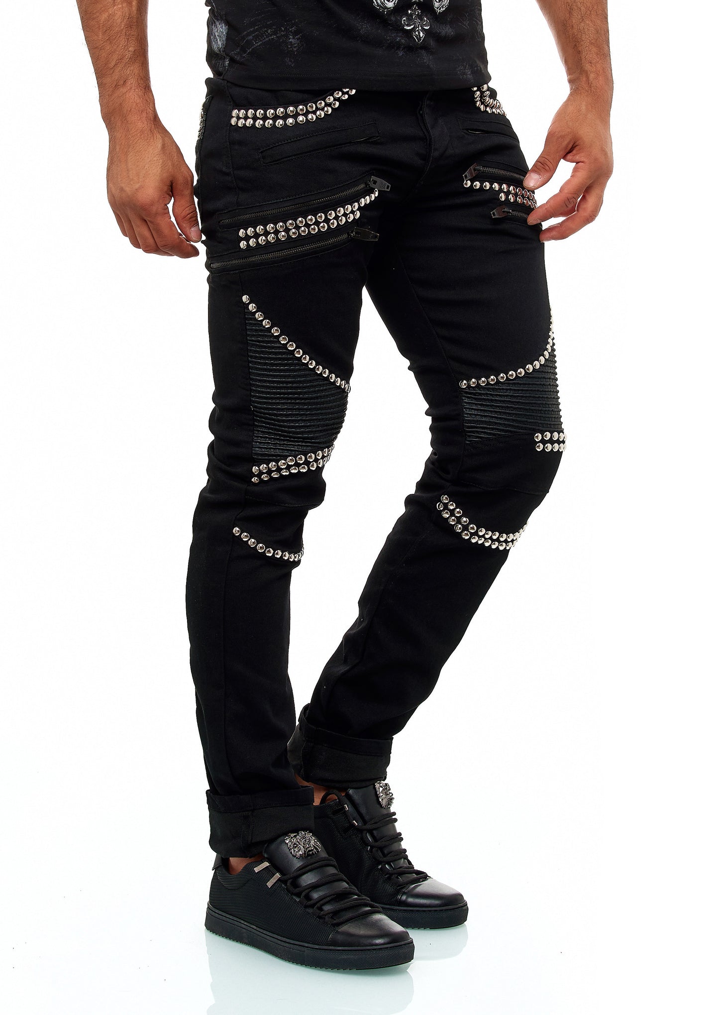 KINGZ Herren Designer Nieten Biker Jeans, Slim Fit, Modell  1683-1 Black