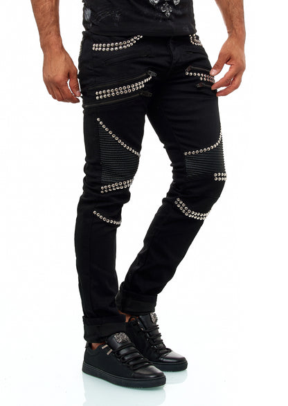 KINGZ Herren Designer Nieten Biker Jeans, Slim Fit, Modell  1683-1 Black