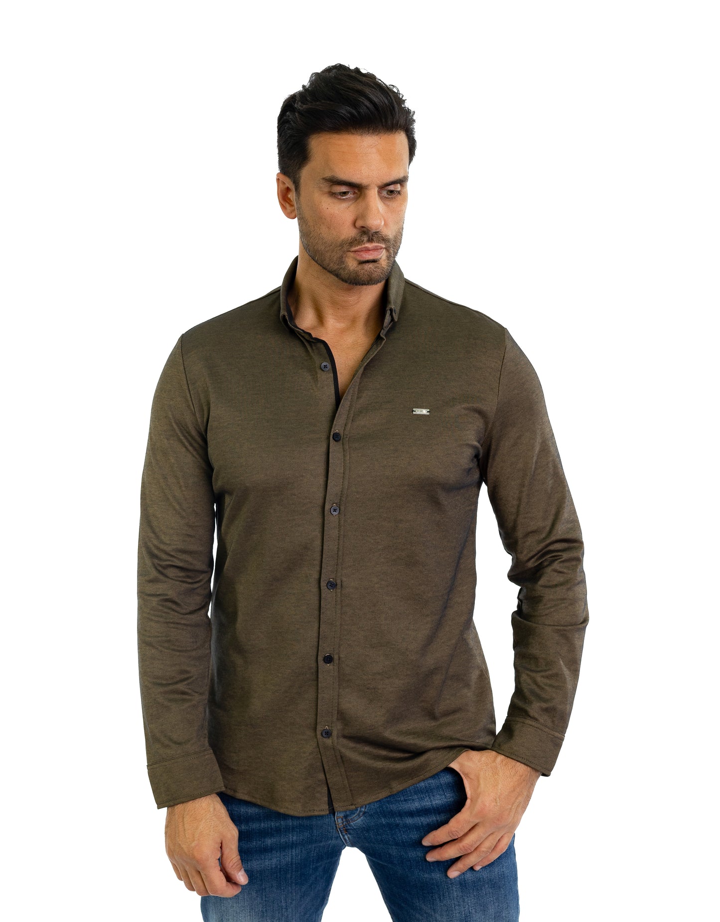 Feines Herren-Jerseyhemd in Slim Fit, Modell CL2118, Khaki