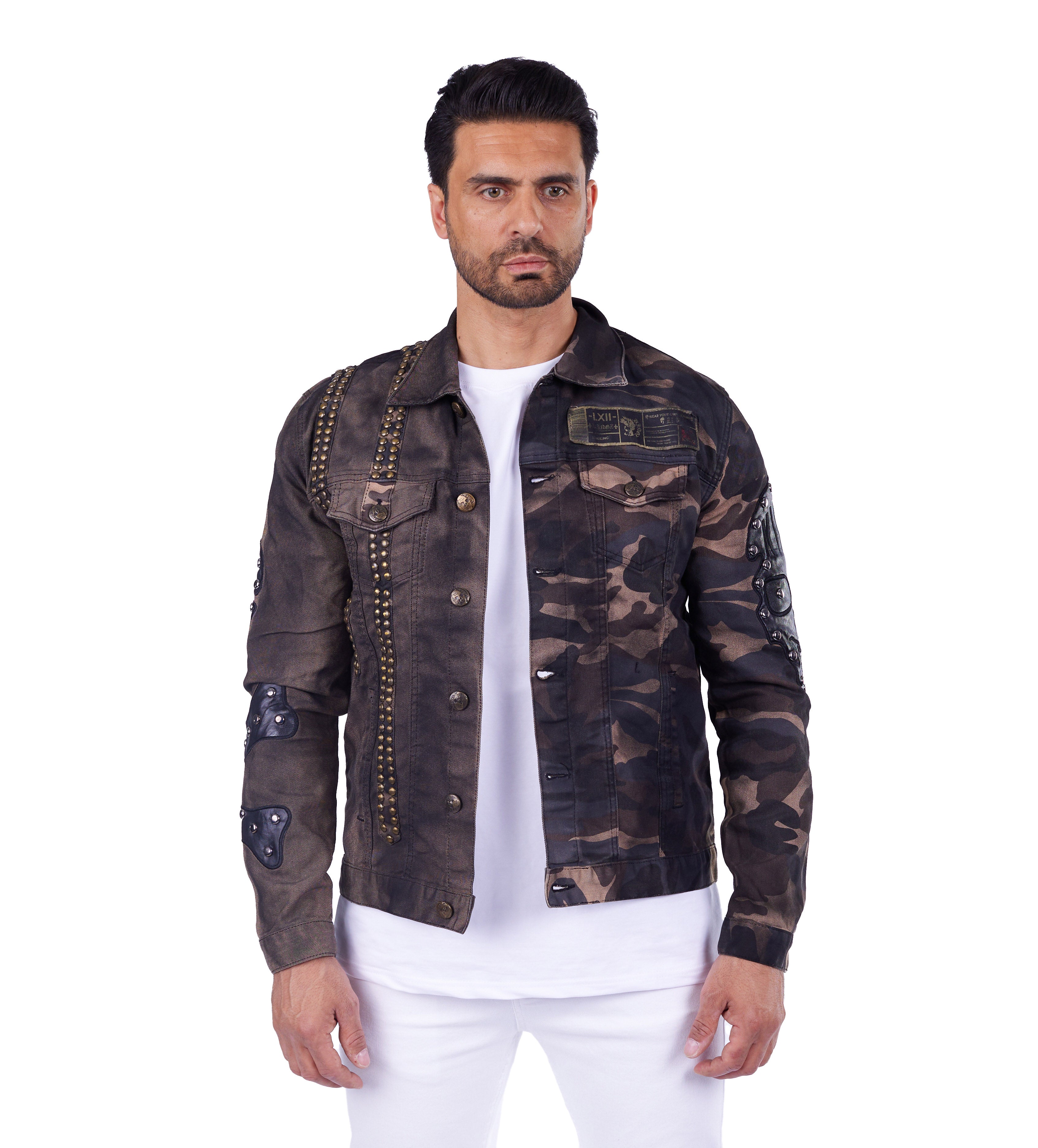 KINGZ Men s Biker Jeans Jacket Skull Motif Slim Fit Model 1719 Army Army S