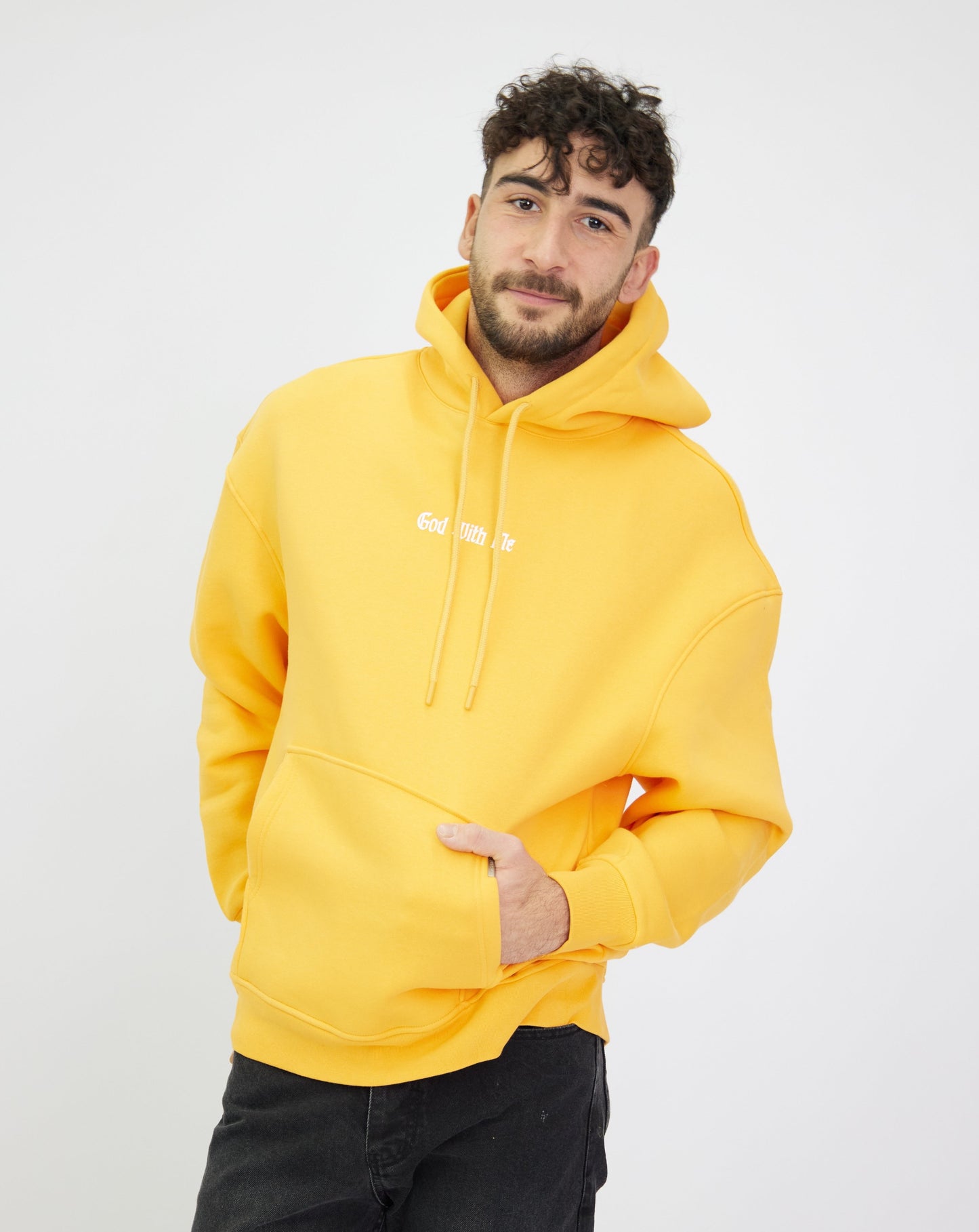 Men's Hoodie, Hooded Sweatshirt with Back Print "GOD WITH ME", Oversized Fit, DH-SW4049, Yellow