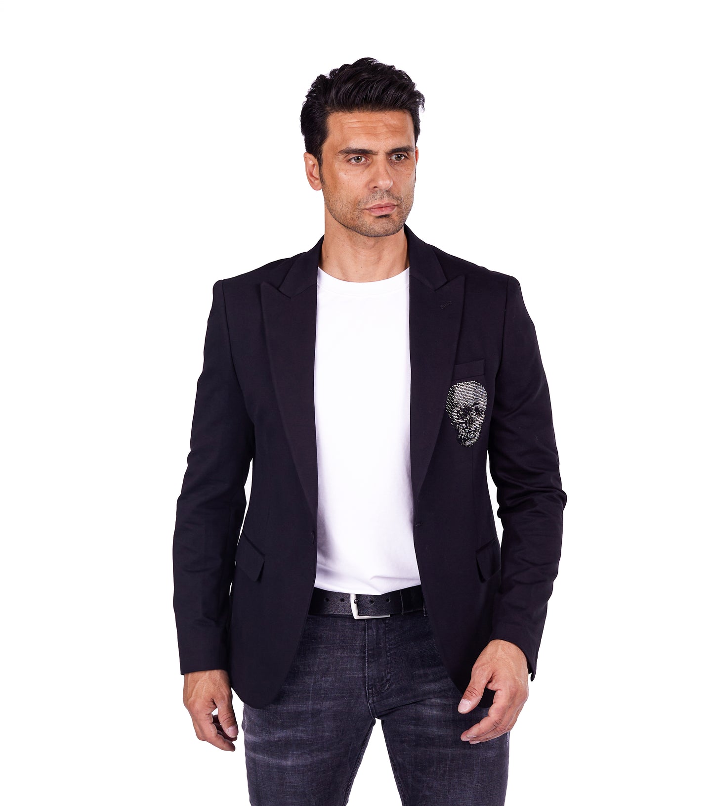 DENIM DISTRIQT Herren Sakko, Jersey Blazer, Strass Totenkopf, Modell DQT7, Schwarz