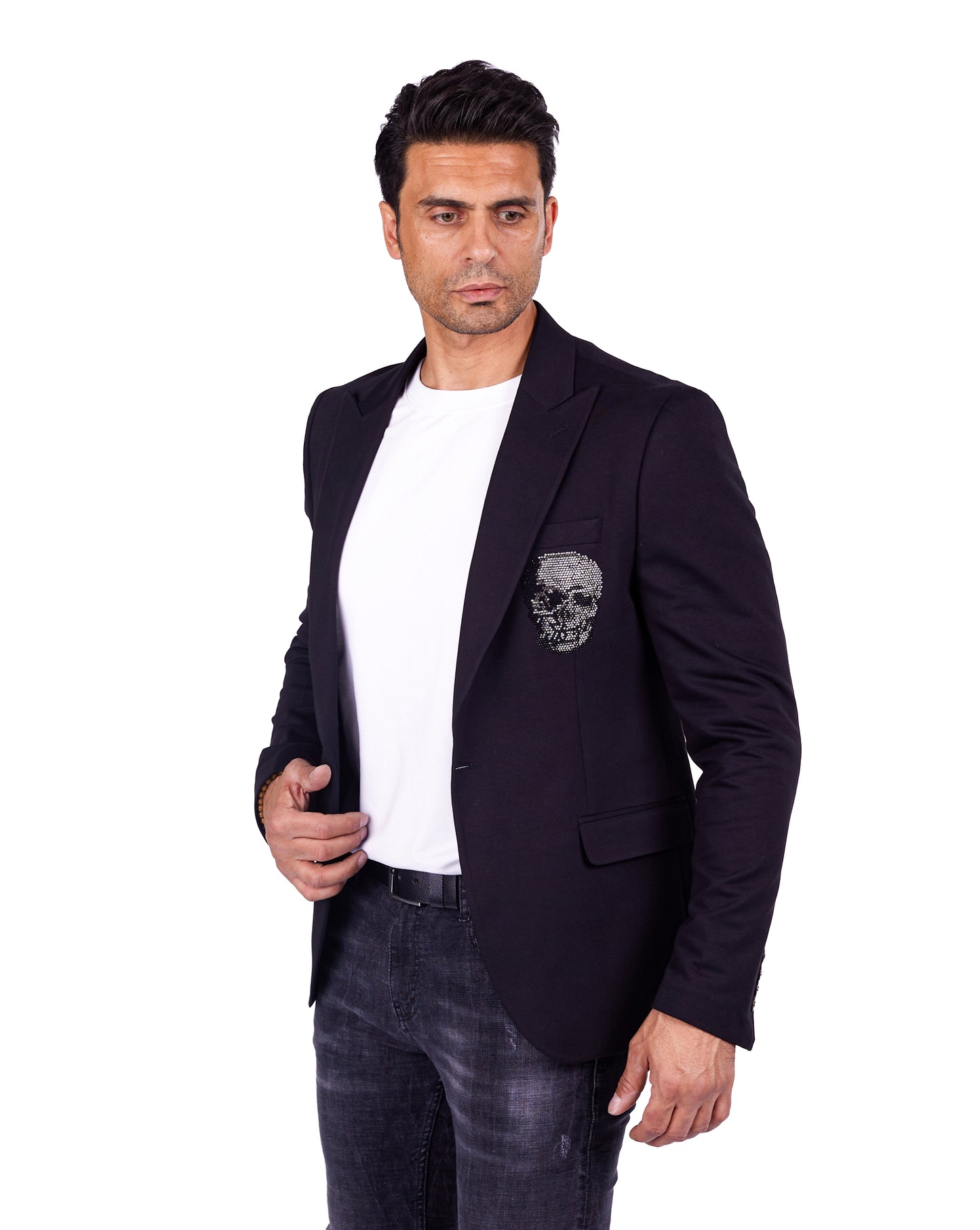 DENIM DISTRIQT Herren Sakko, Jersey Blazer, Strass Totenkopf, Modell DQT7, Schwarz