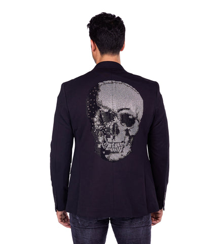 DENIM DISTRIQT Herren Sakko, Jersey Blazer, Strass Totenkopf, Modell DQT7, Schwarz