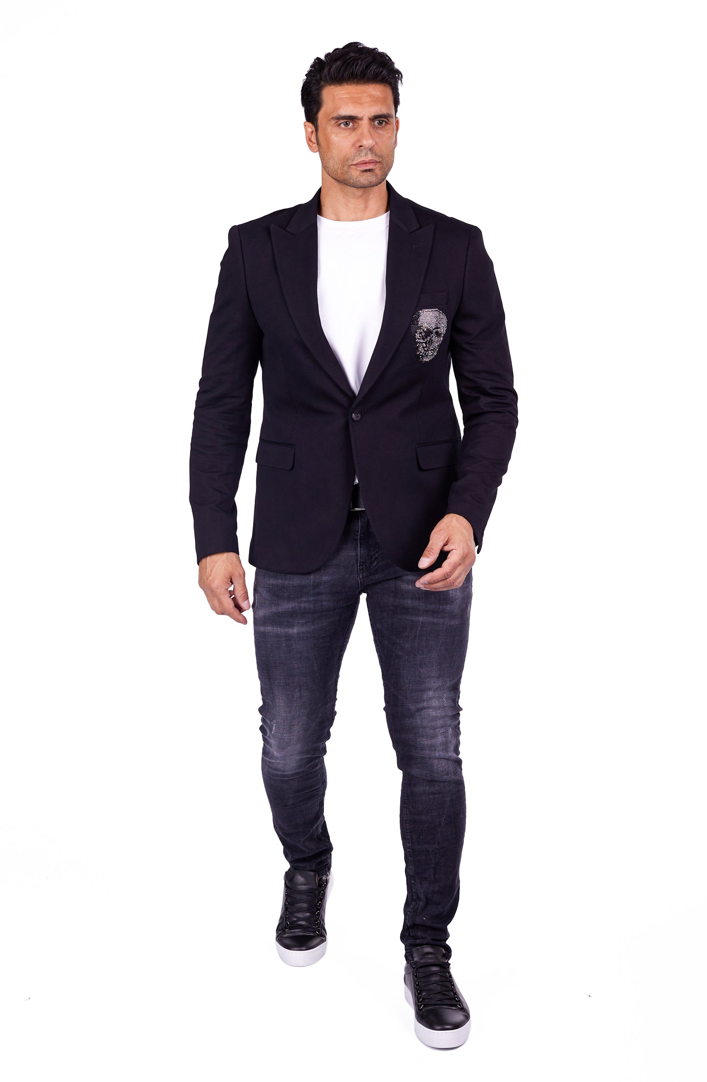 DENIM DISTRIQT Herren Sakko, Jersey Blazer, Strass Totenkopf, Modell DQT7, Schwarz