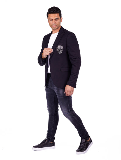 DENIM DISTRIQT Herren Sakko, Jersey Blazer, Strass Totenkopf, Modell DQT7, Schwarz