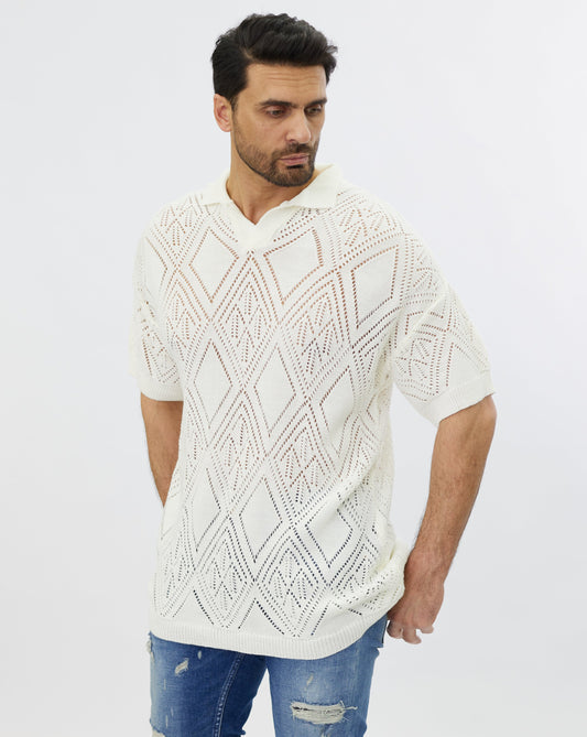 Polo shirt in pointelle knit loose fit, model 24TY-019, ivory or black