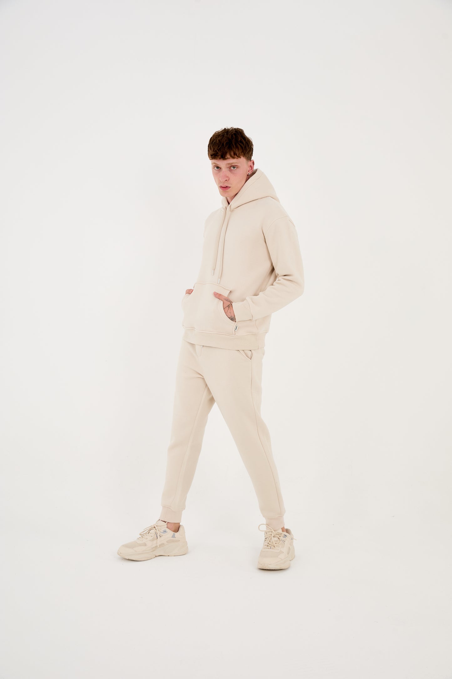 Herren Jogger Kombi Zweiteiler, Hoodie & Jogger Hose,  Relaxed Fit, Modell 2529, Beige