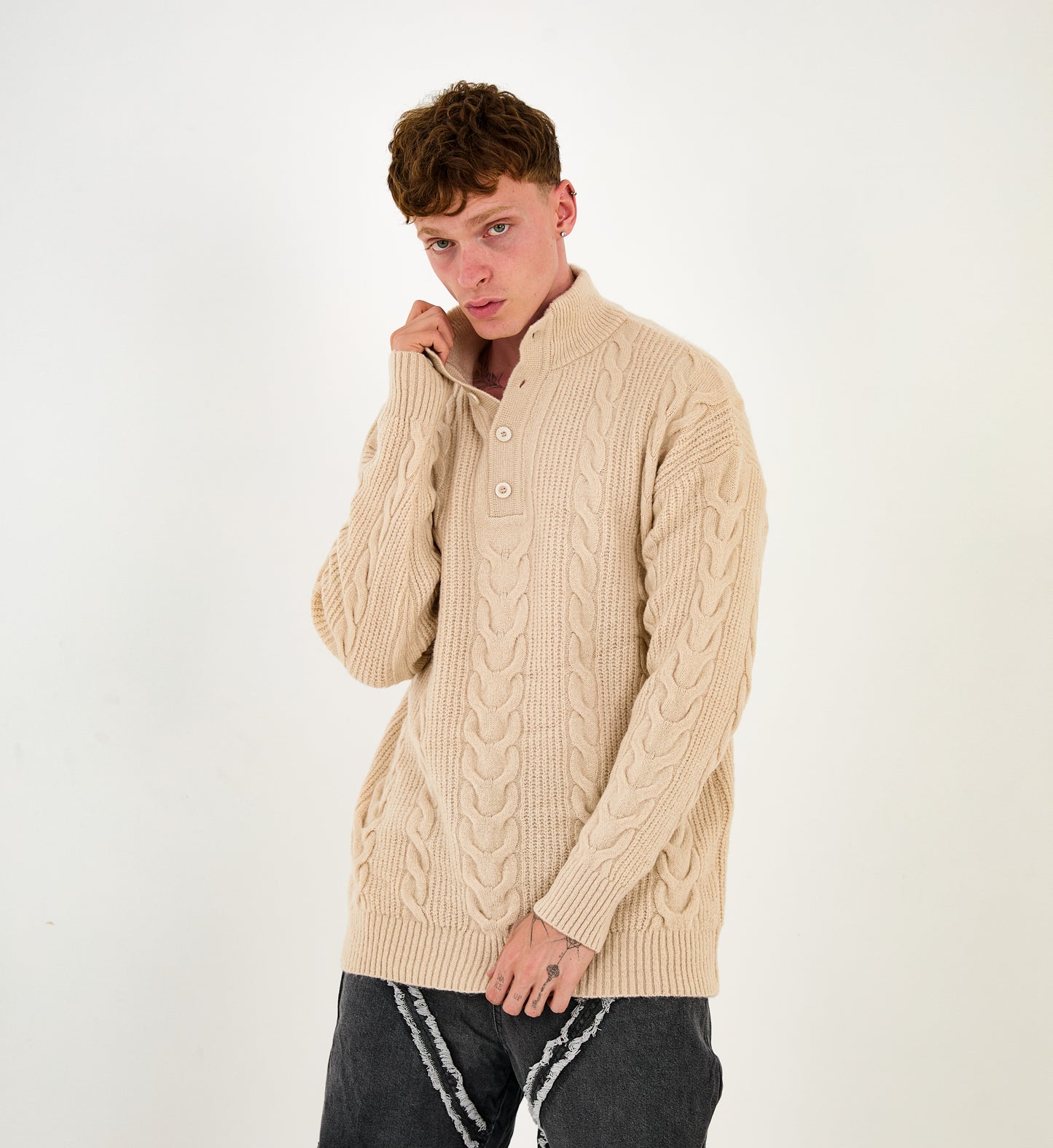 Knitted sweater, loose fit, cable pattern model 24TK022, beige, ivory, grey, black