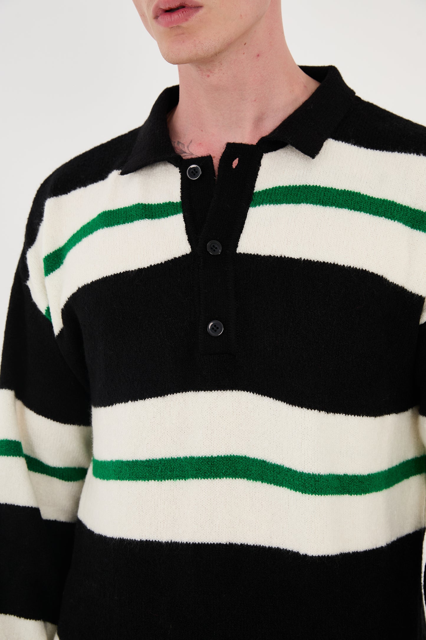 Knitted polo collar sweater, loose fit, striped pattern, model 24TK032, camel, light blue or black