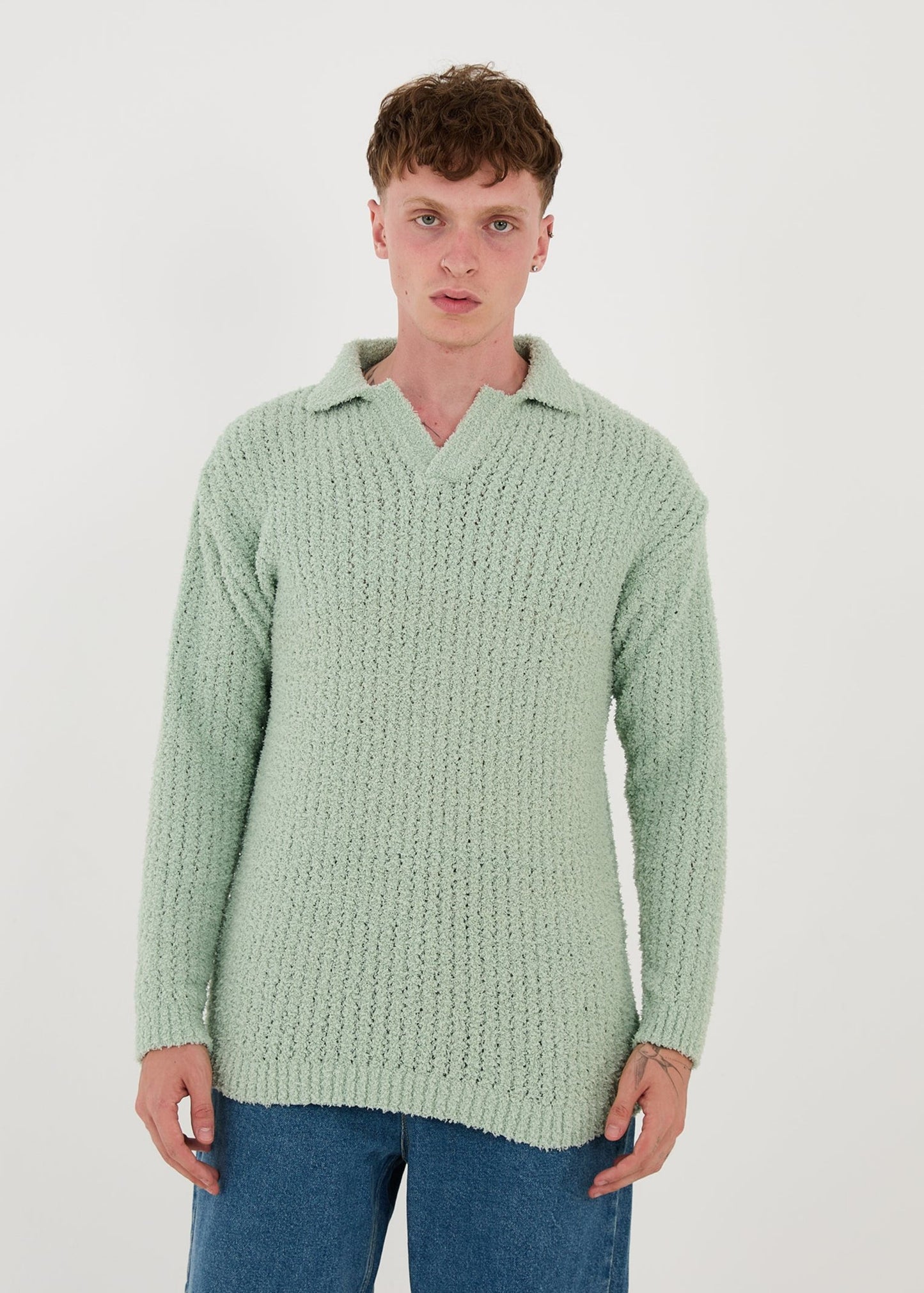 Knitted sweatshirt with polo collar, oversized fit, model 23K177, mint, anthracite or grey