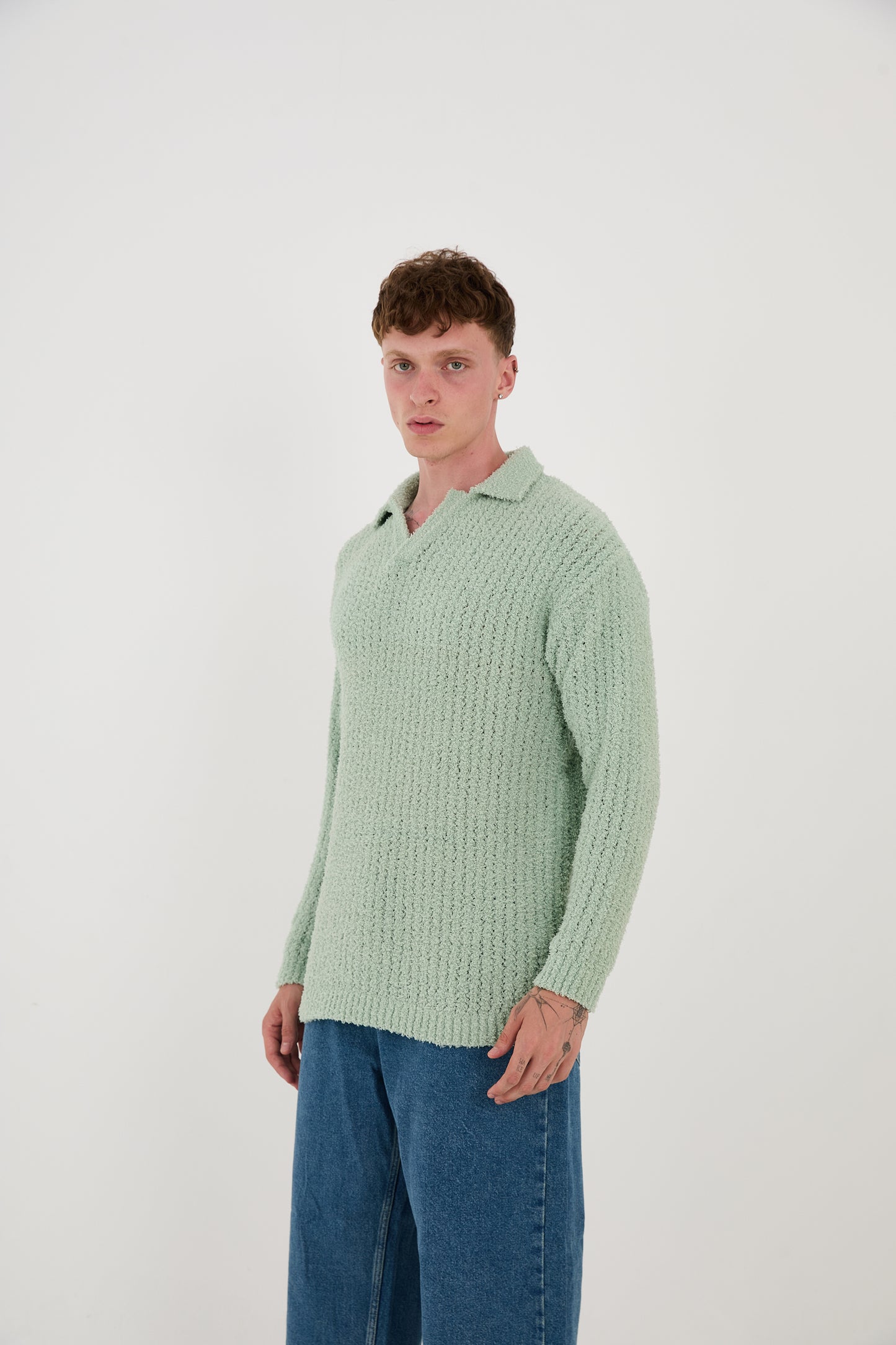 Knitted sweatshirt with polo collar, oversized fit, model 23K177, mint, anthracite or grey