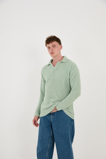 Knitted sweatshirt with polo collar, oversized fit, model 23K177, mint, anthracite or grey