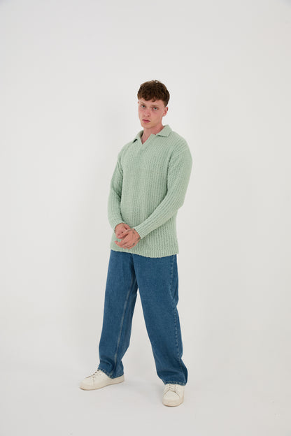 Knitted sweatshirt with polo collar, oversized fit, model 23K177, mint, anthracite or grey