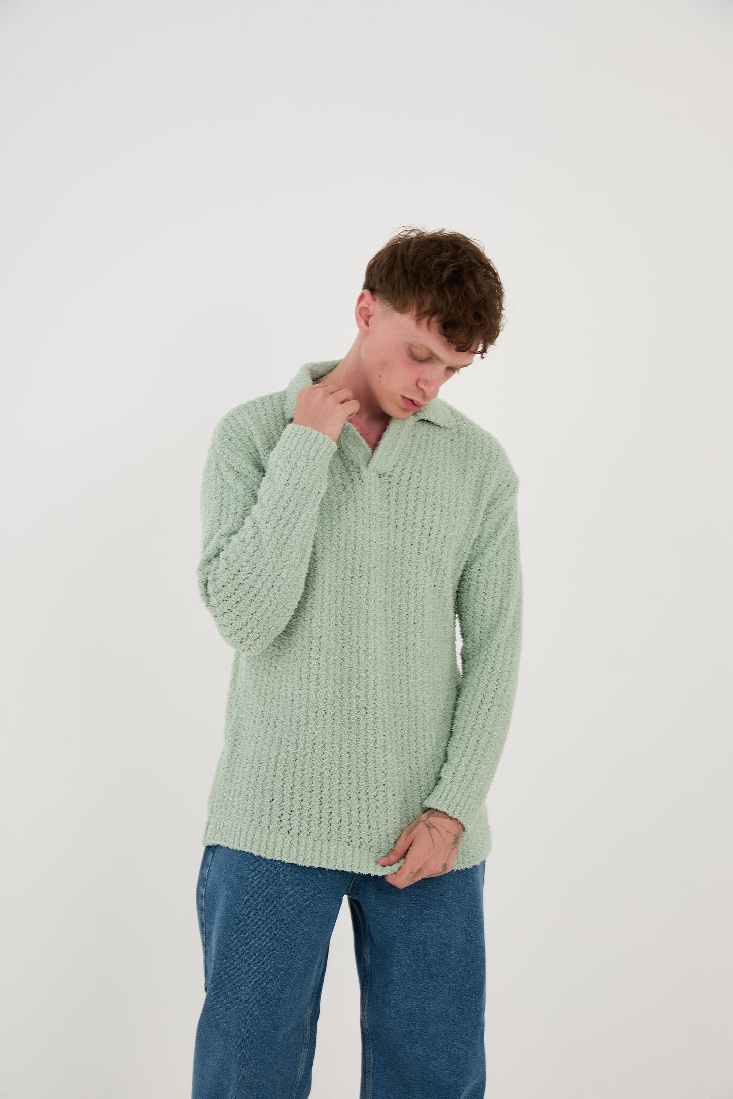 Knitted sweatshirt with polo collar, oversized fit, model 23K177, mint, anthracite or grey