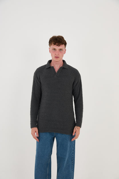 Knitted sweatshirt with polo collar, oversized fit, model 23K177, mint, anthracite or grey