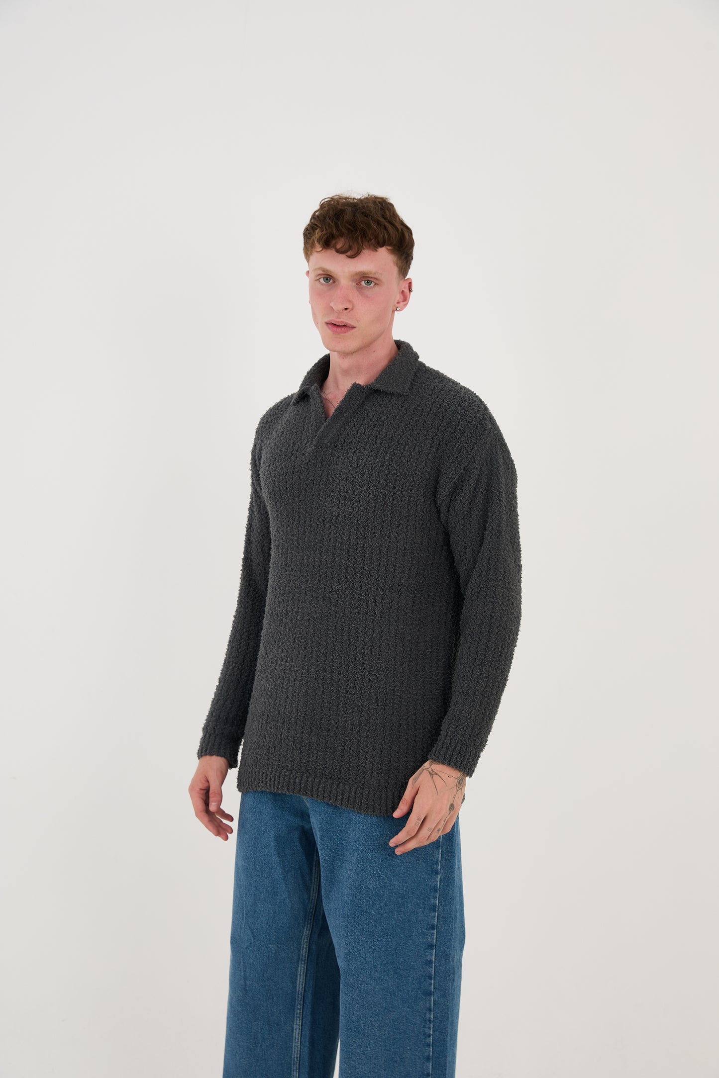 Knitted sweatshirt with polo collar, oversized fit, model 23K177, mint, anthracite or grey